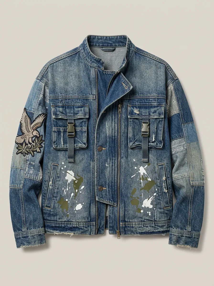 Men's Patchwork Denim Utility Jacket Zip-Front