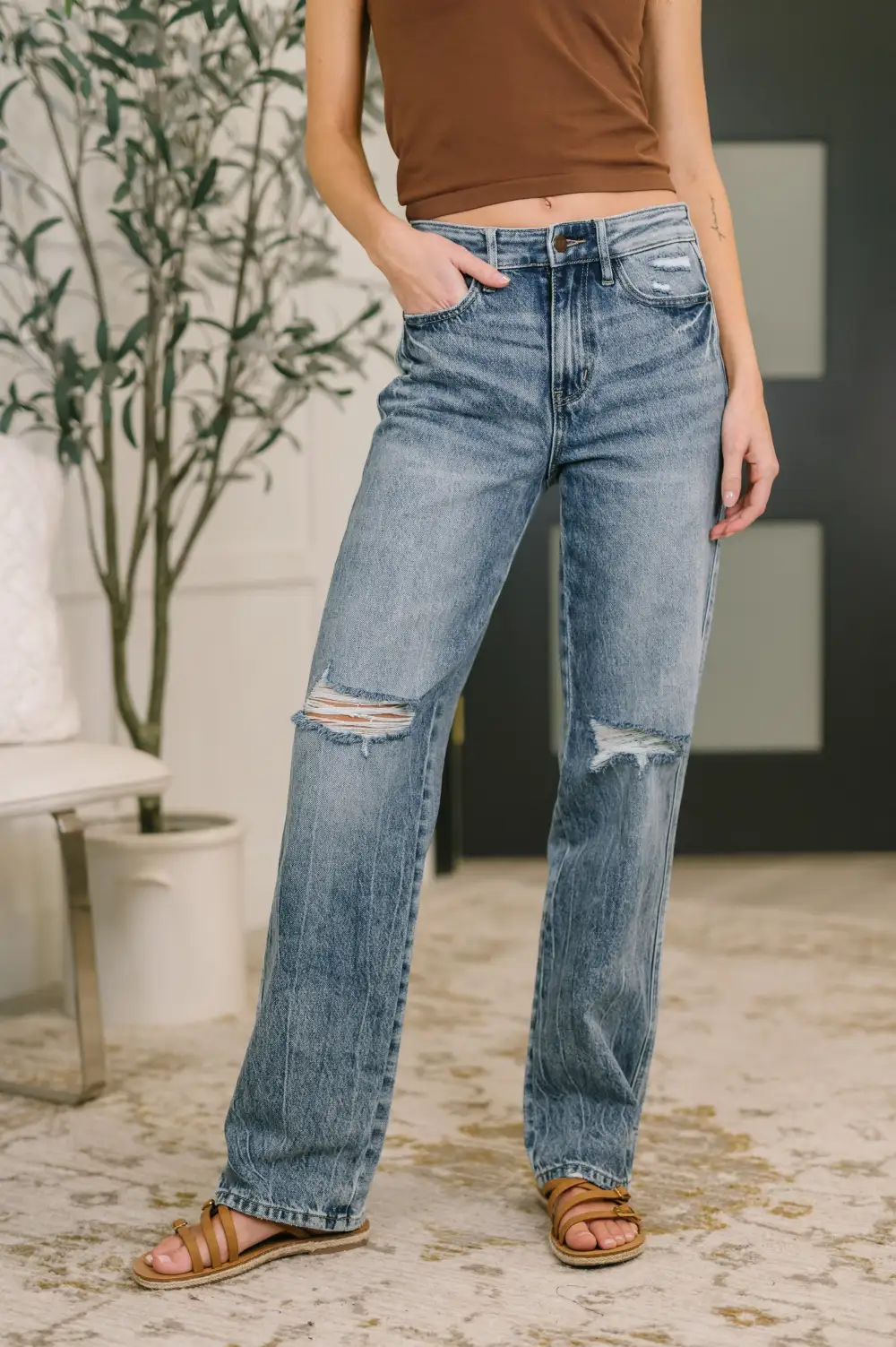 Denim High Rise Slim Straight Casual Jeans