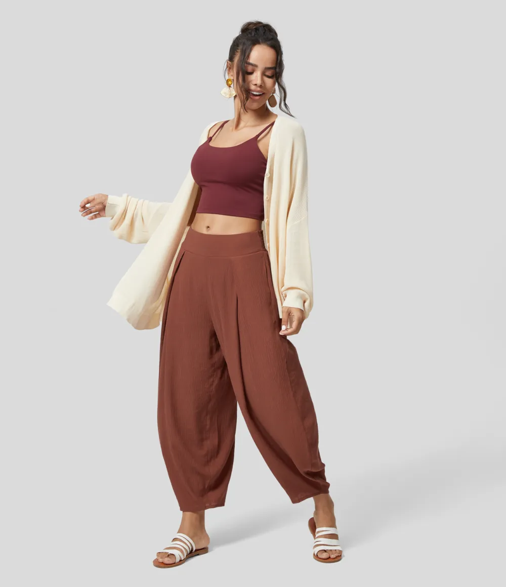 High Waisted Back Elastic Side Pocket Plicated Barrel Leg Casual Joggers