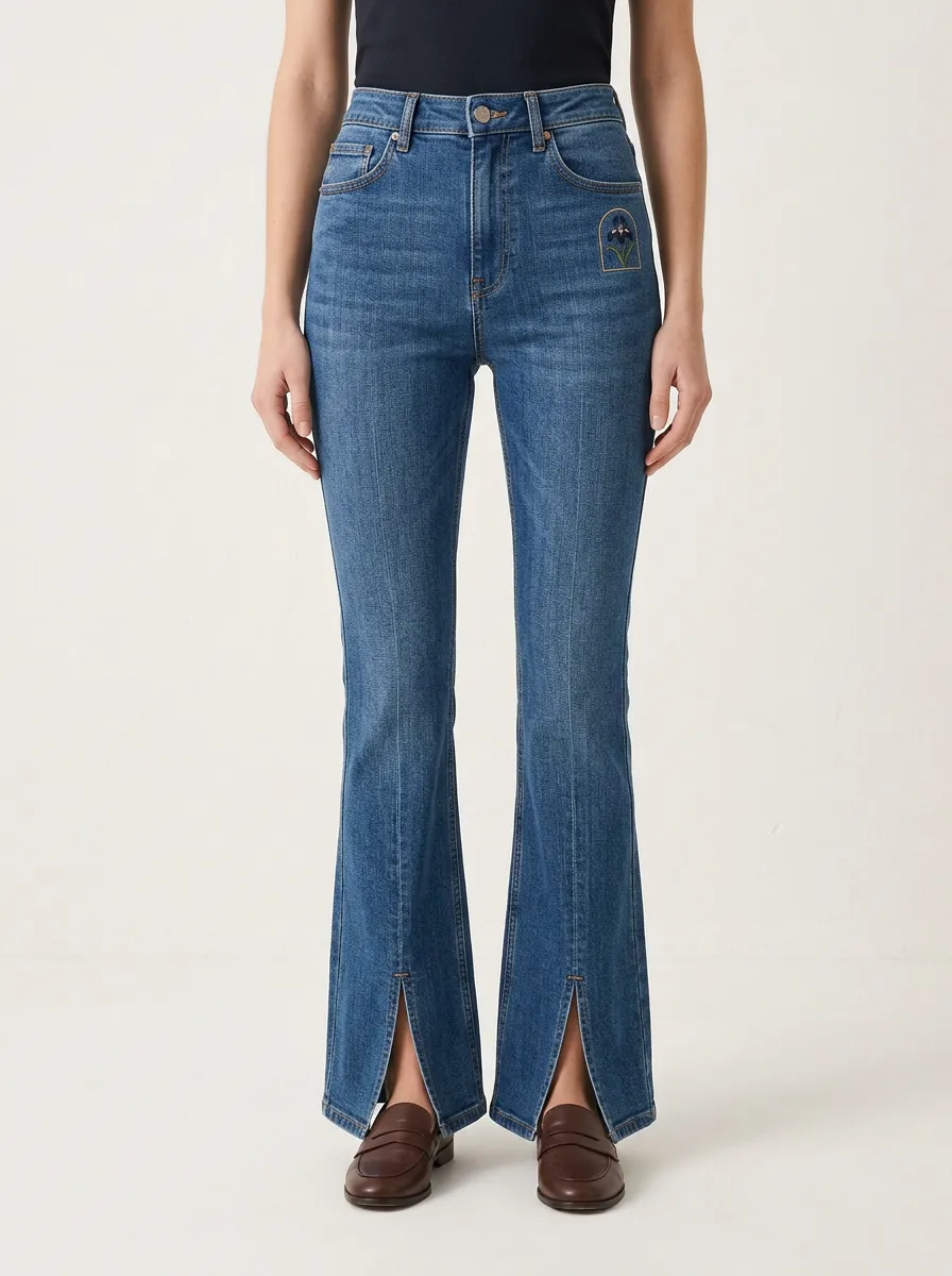 Women's Iris Floral Embroidered Full-Length Split-Hem Flare Jeans