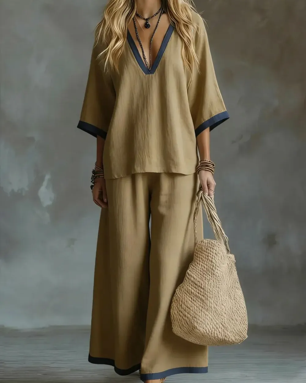Deep V-Neck Contrast-Trim Two-Piece Set