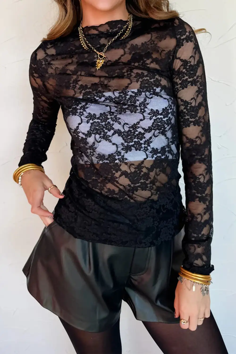 Floral Print Mesh Fitted Stretch Knit Long Sleeve Top