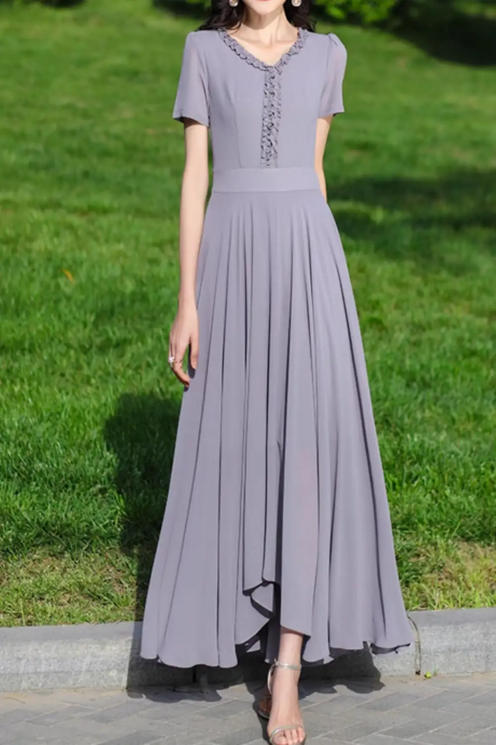 Chiffon Ruffle V Neck Short Sleeve Maxi Dress