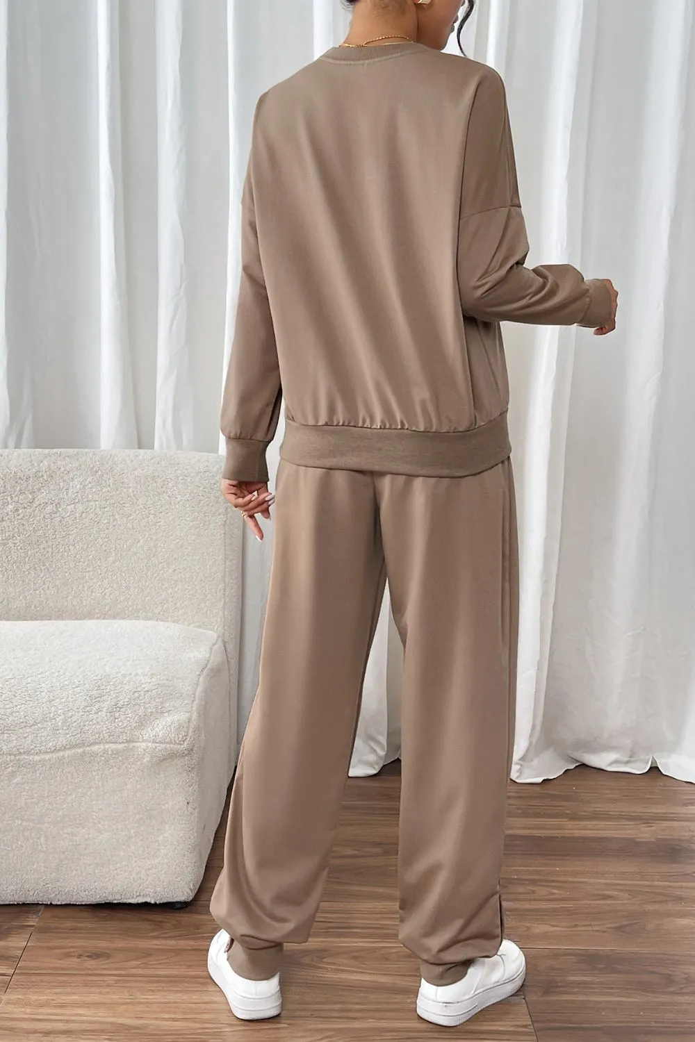 Drawstring Round Neck Long Sleeve Top And Pants Set