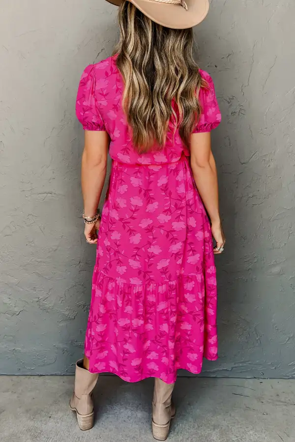 Floral Print Pleated Drawstring Waist Flowy Midi Dress