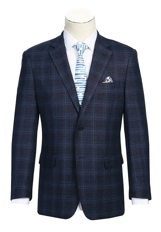 Navy Regular Fit Classic Wool Check Single Breasted Blazer