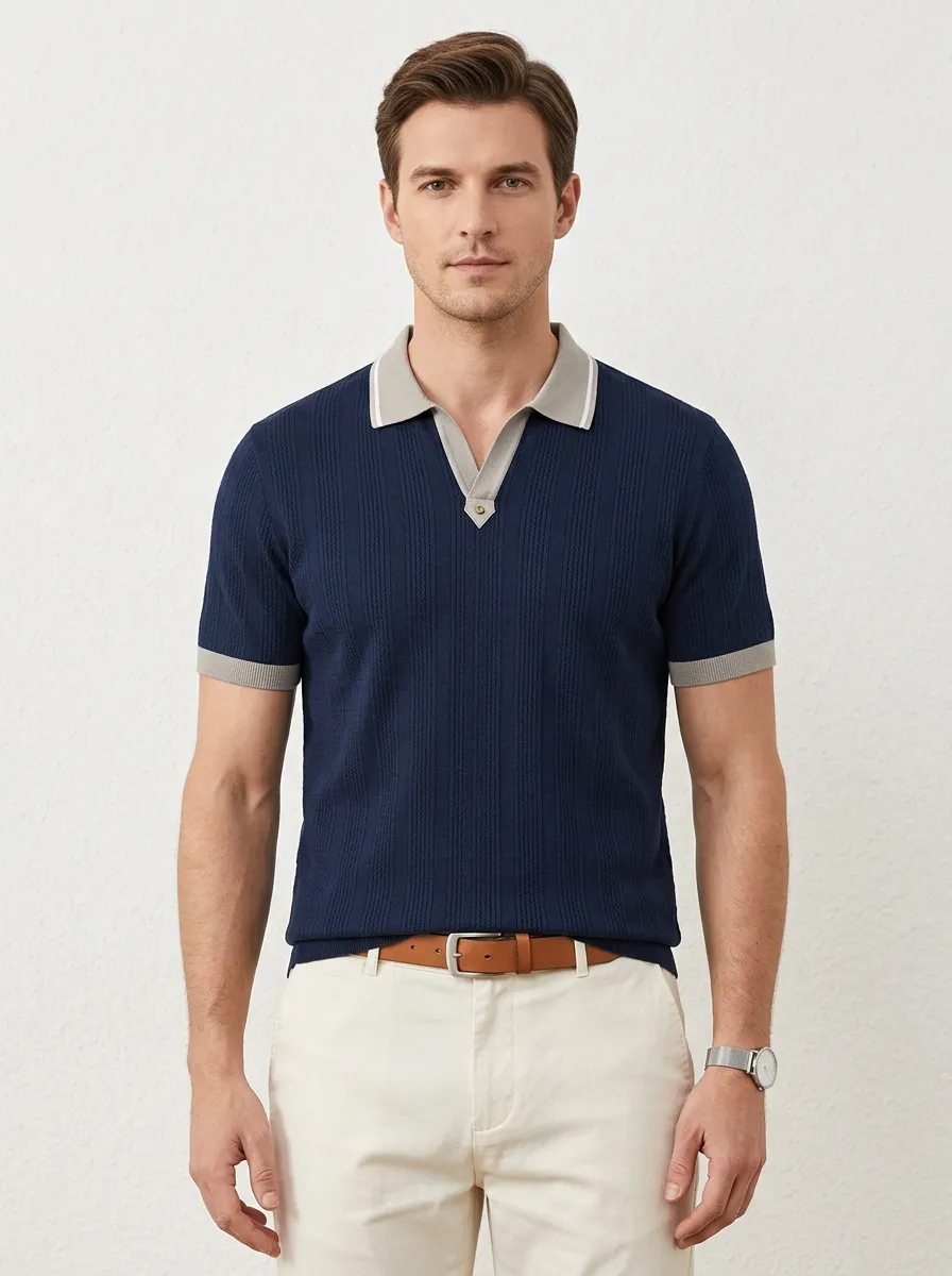 Men's Navy Blue Ribbed Knit Contrast Collar Polo Shirt