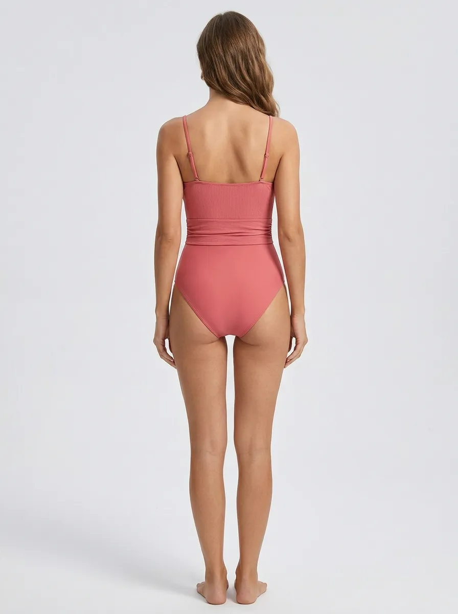 Women's Solid Pink Ribbed O-Ring Detail Spaghetti Strap Swimsuit
