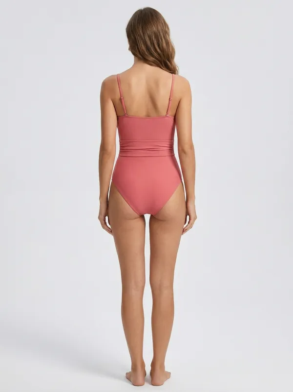 Women's Solid Pink Ribbed O-Ring Detail Spaghetti Strap Swimsuit