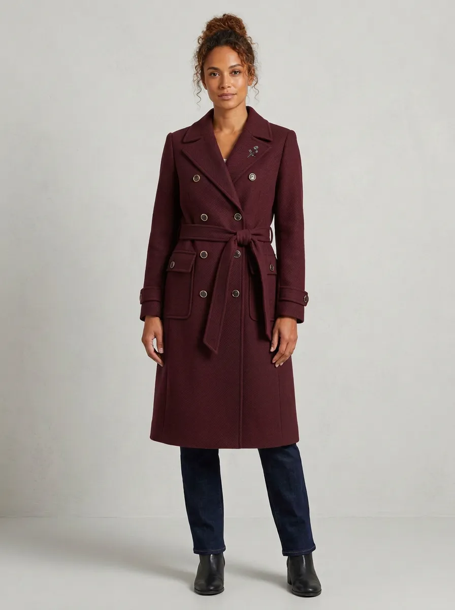 Women's Navy Double-Breasted Belted Wool Trench Coat