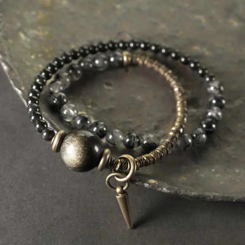 Obsidian Rutilated Quartz Copper Brass Double Wrap Bracelet