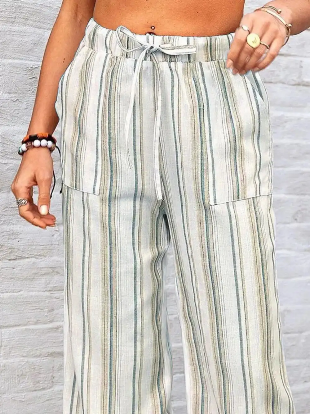 Wide Leg Striped Pocketed Pants