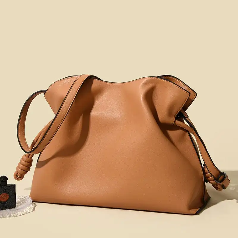 Minimalist Camel Leather Drawstring Shoulder Bag