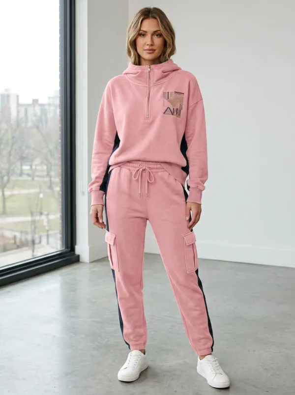 Women's Olive Geometric Print Quarter Zip Cargo Jogger Set