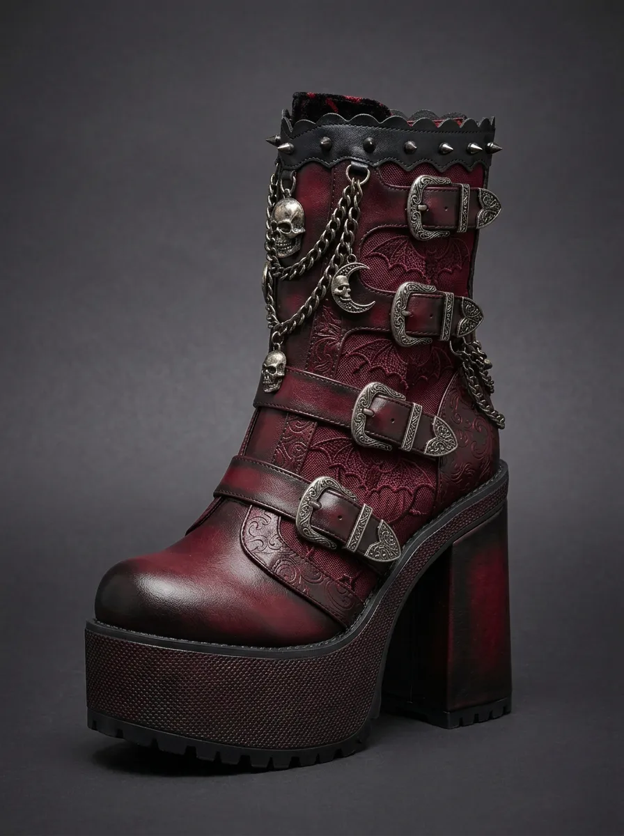 Dark Skull Bat Moon Statement Women's Gothic Platform Boots