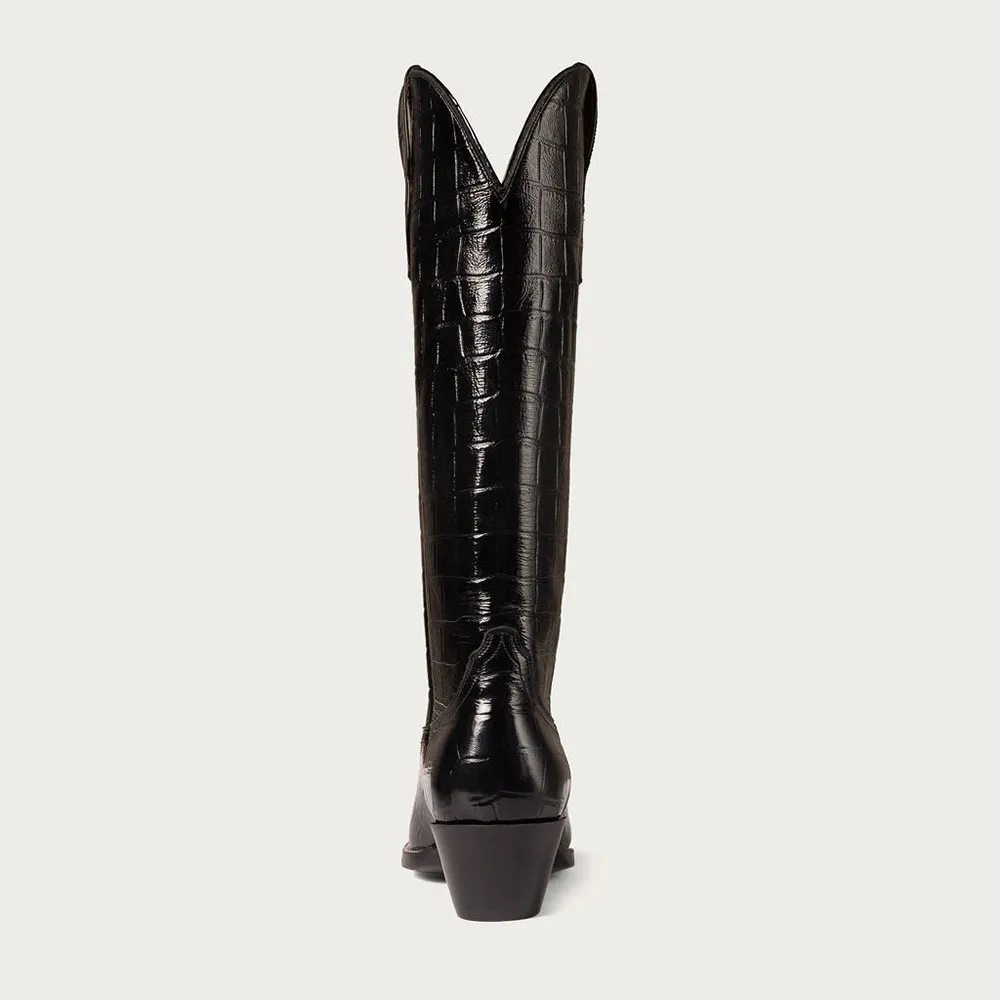 Classic Faux-Leather Crocodile-Embossed Round-Toe Chunky-Heel Knee-High Boots