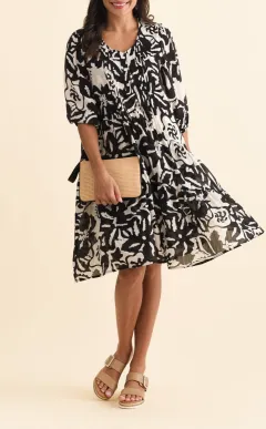 Pocket Above-Knee Cotton Floral Pleated V-Neck Half-Sleeve Dress