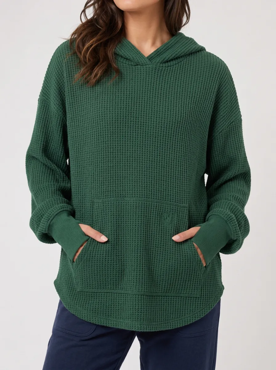 Minimal Everyday Waffle Knit Hooded Pullover Top