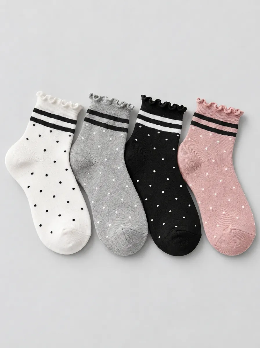 Women's Polka Dot Ruffle Trim Striped Printed Socks 4-Pack