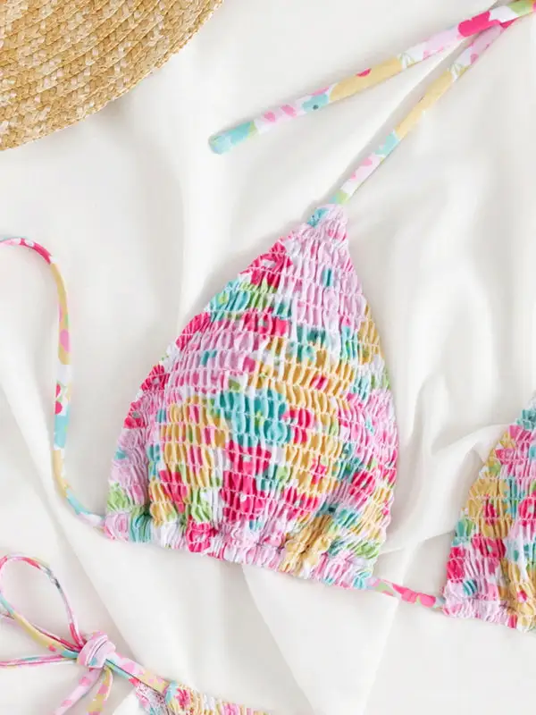 Stretchy Pleated Coordinated Bikini Top Swim Set