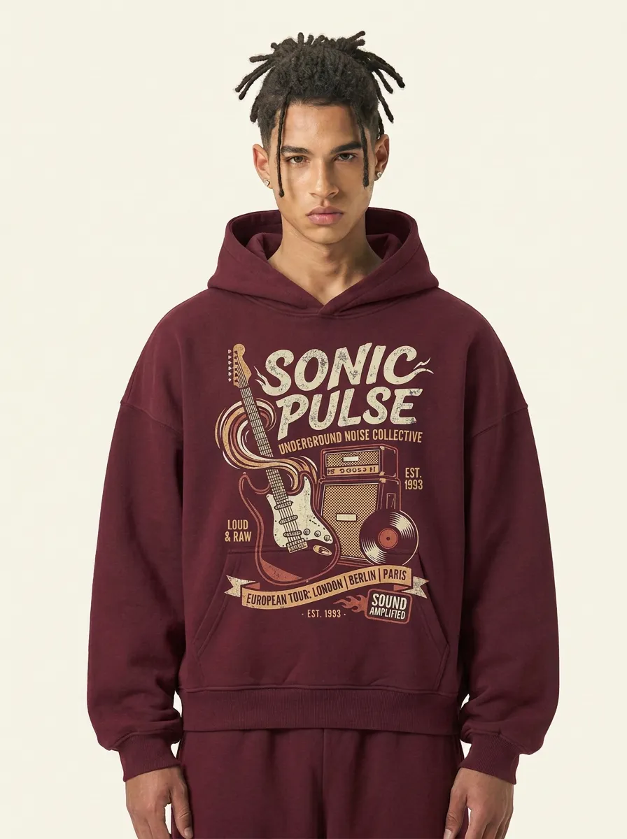 Men's Rock Music Lover Sonic Pulse Guitar Printed Hoodie