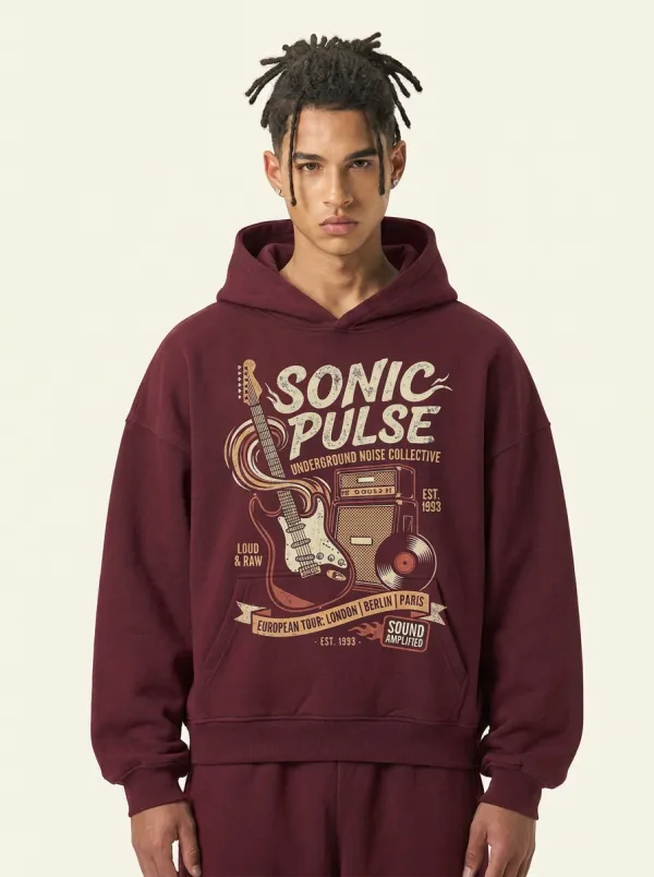 Men's Rock Music Lover Sonic Pulse Guitar Printed Hoodie
