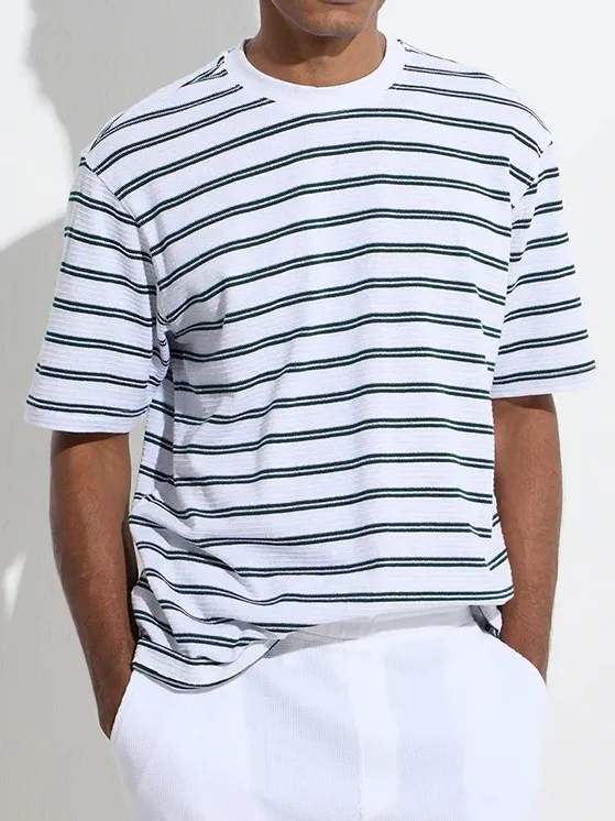 Striped Light Grey Cotton Blend T-Shirt