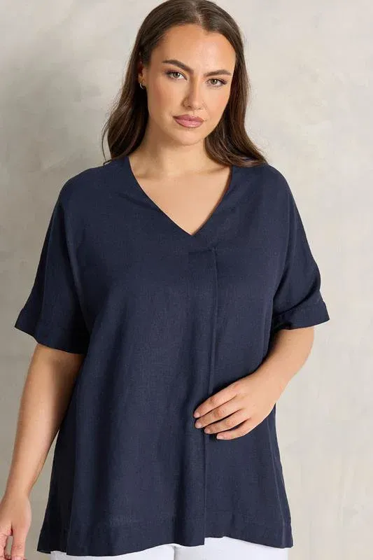 Navy Blue Premium Linen Front Pleat Top