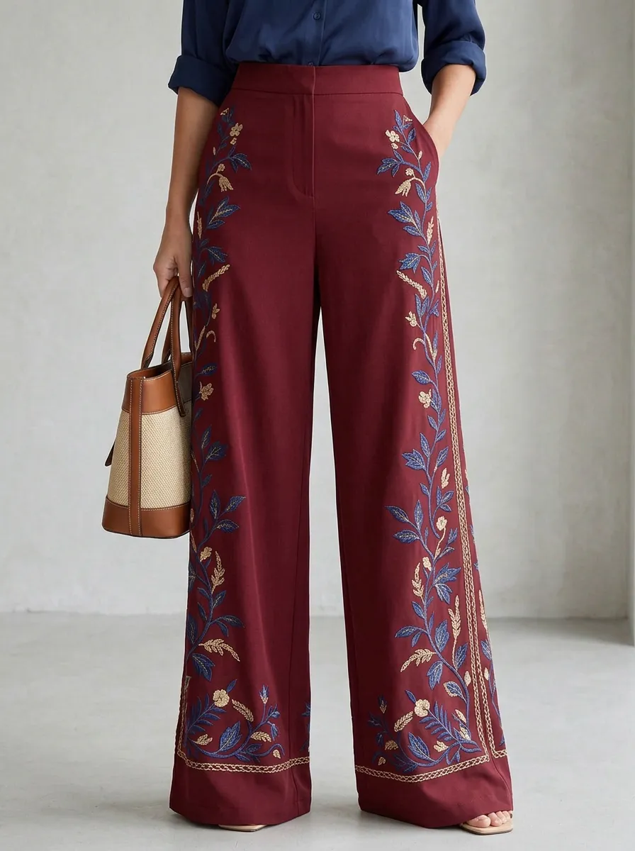 Women's Floral Vine Pattern Patterned High-Waisted Wide-Leg Trousers