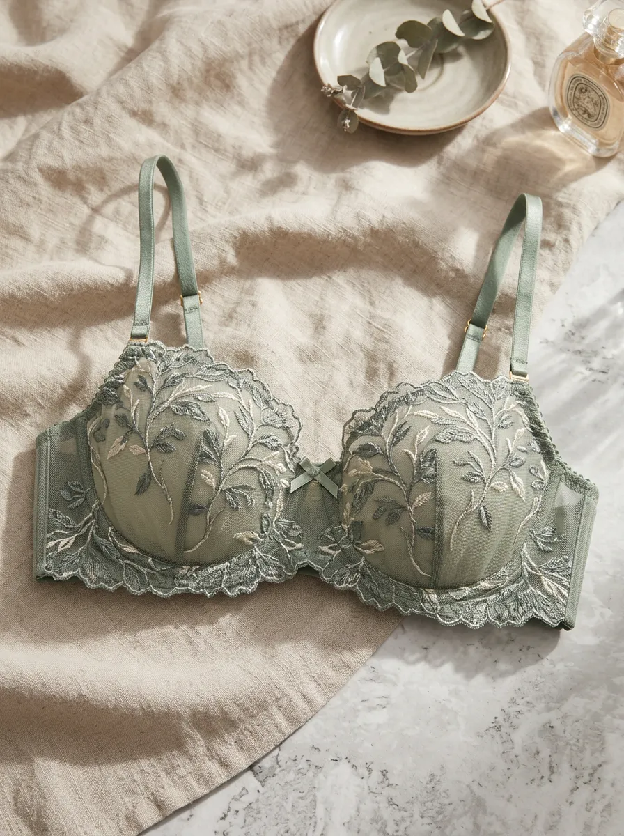 Women's Sage Green Floral Embroidered Mesh Underwire Bra