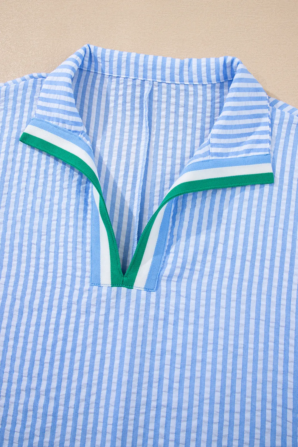Sky Blue Striped Print Contrast Blouse