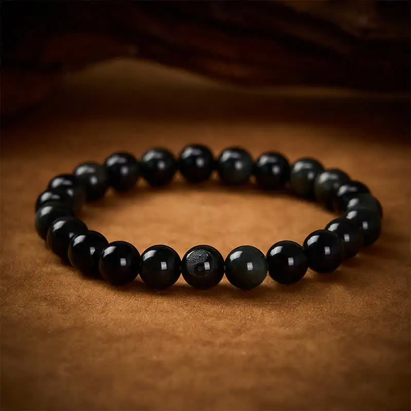 Obsidian Yin Yang Round Bead Bracelet
