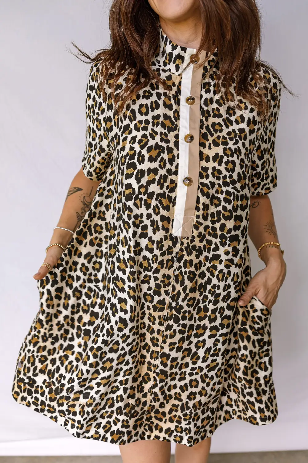 Women's Leopard Print Short Sleeve Loose Fit Half Button Mini Dress