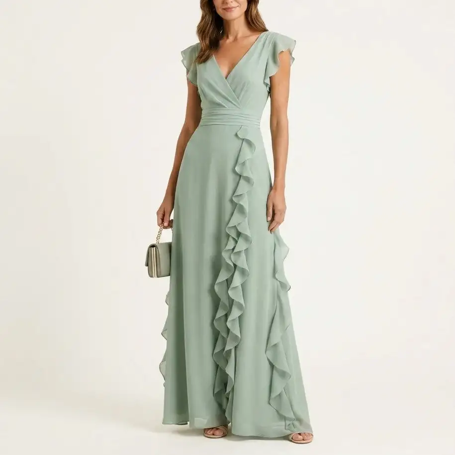 Women's Flutter Sleeve Vertical Ruffle Formal Dress