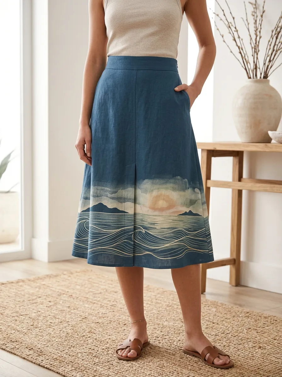 Women's Ocean Sunset Mountain Landscape Printed Midi Skirt
