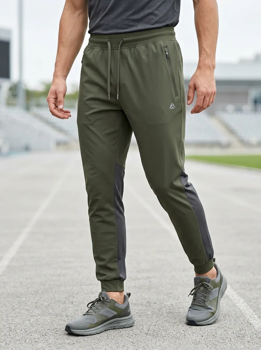 Men's Athletic Training Olive Green Mesh Paneled Jogger Pants