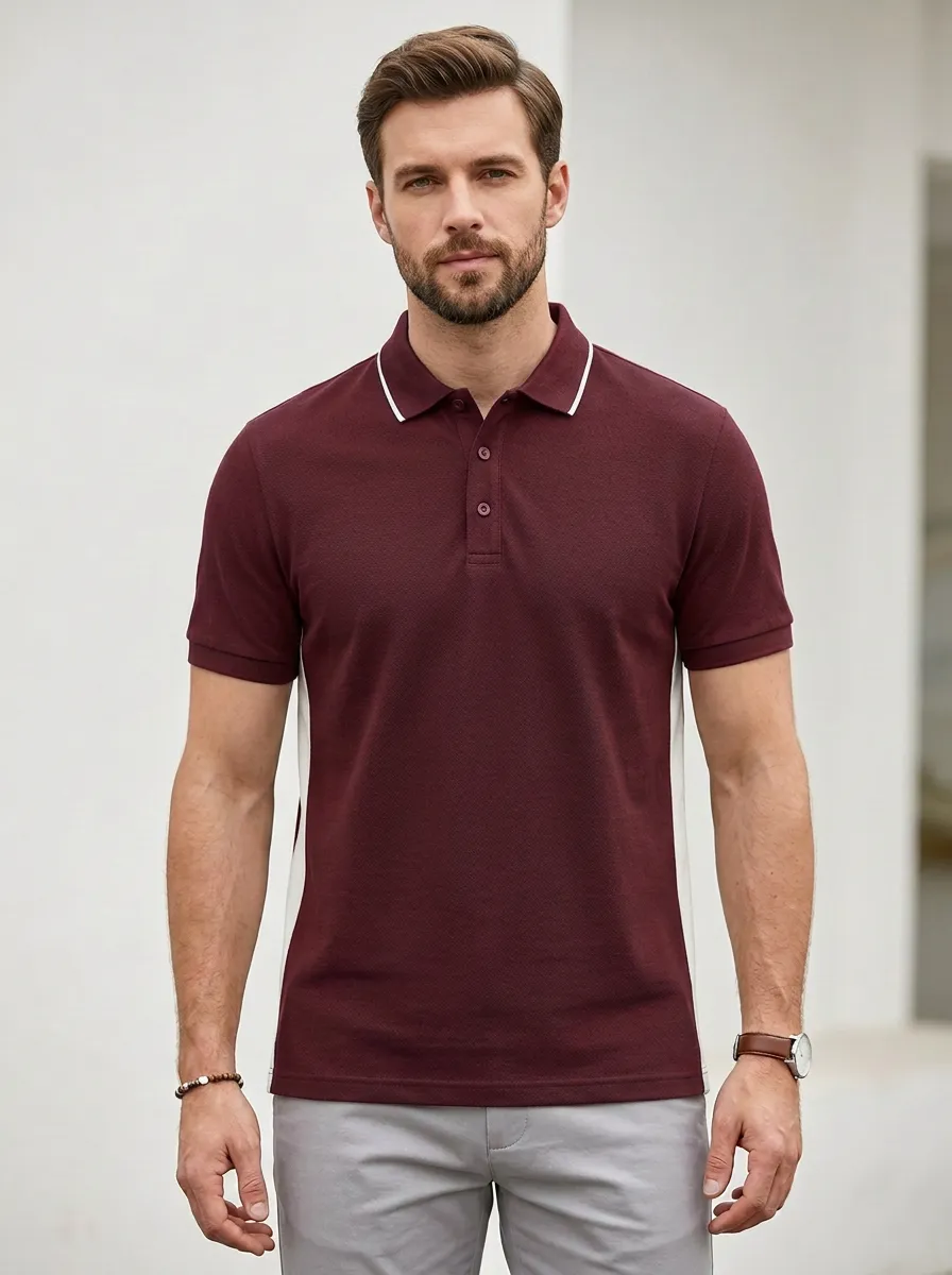 Men's Casual Navy Blue White Contrast Panel Polo Shirt
