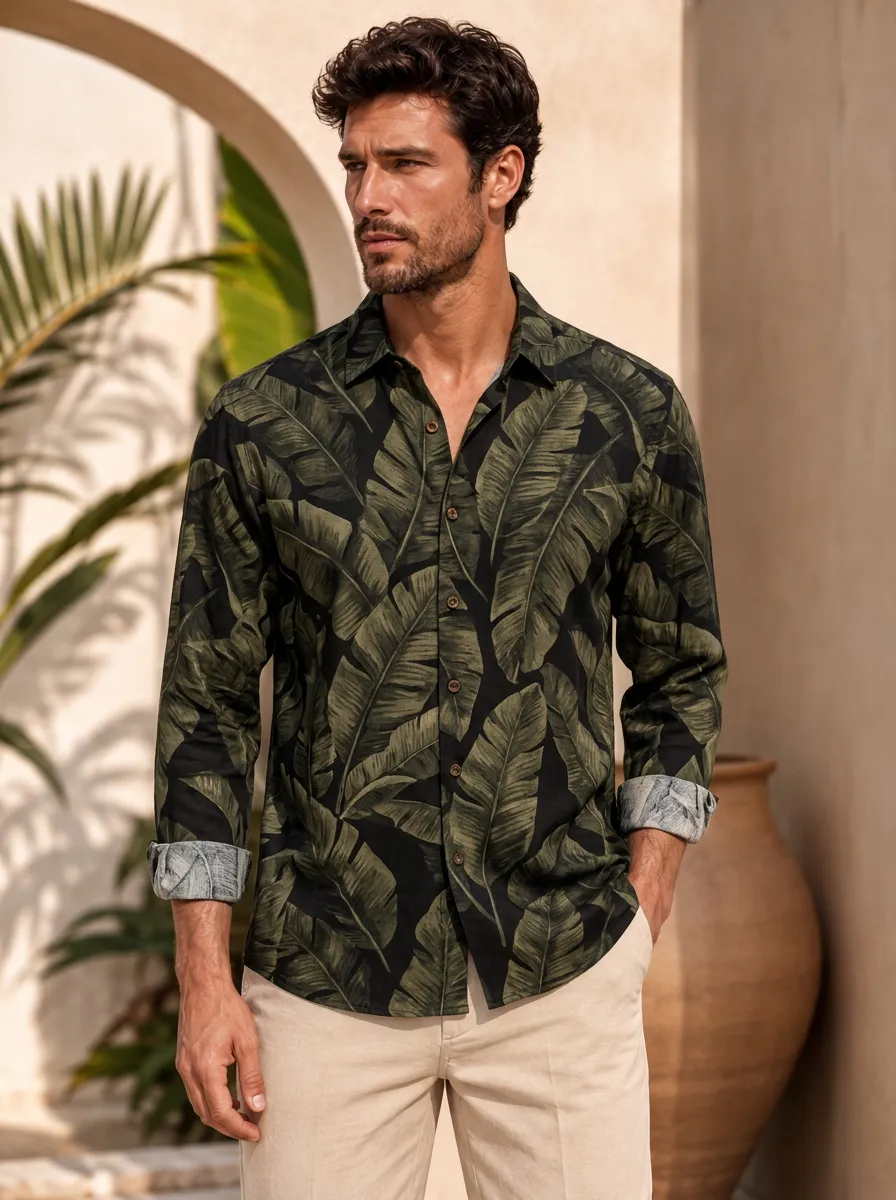 Men's Tropical Vacation Green Banana Leaf Printed Shirt