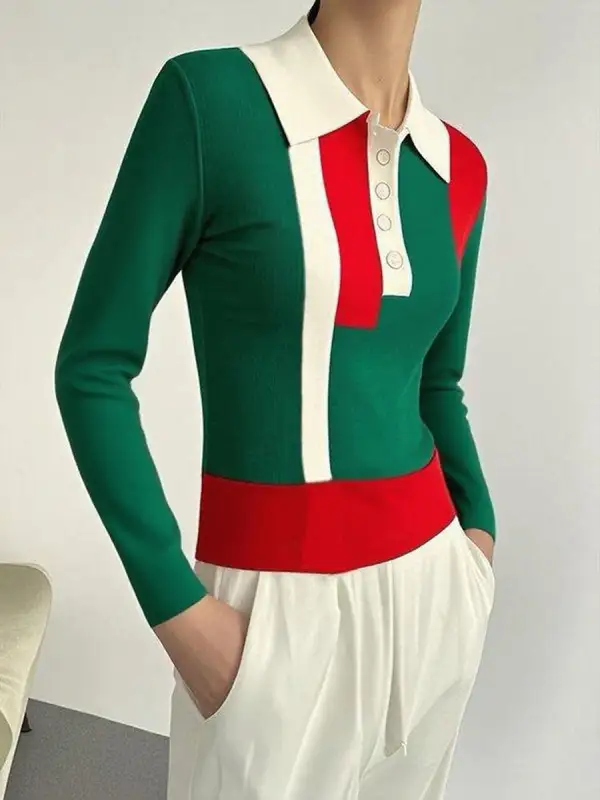 Button Detail Lapel Long Sleeve Slim Fit Sweater