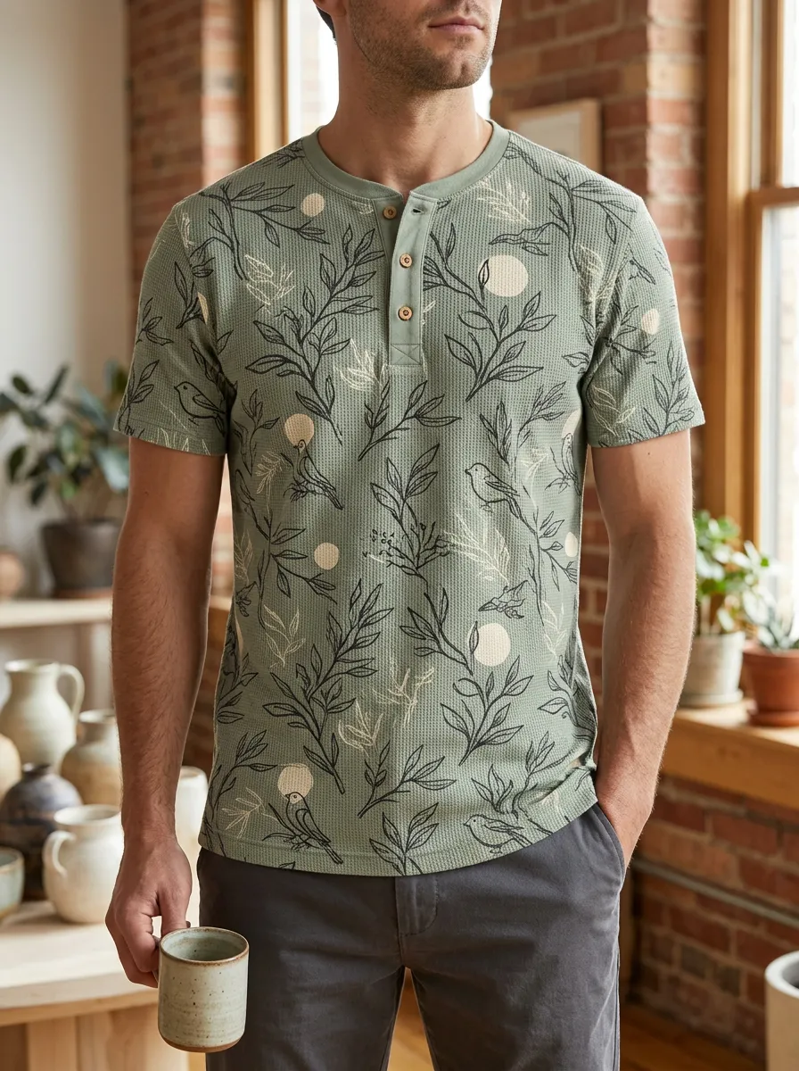 Men's Classic Botanical Bird Nature Waffle Henley T-Shirt
