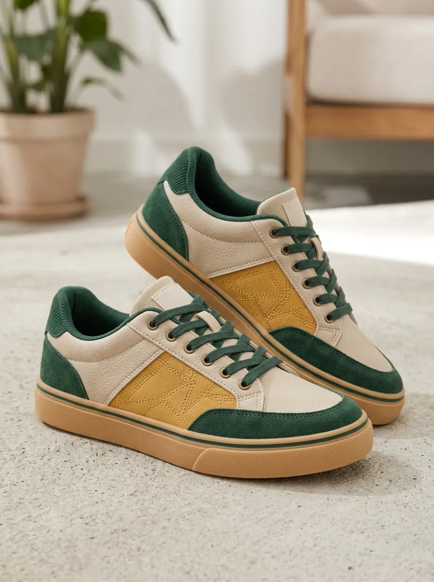 Women's Colorblock Green Yellow Suede Canvas Printed Sneakers