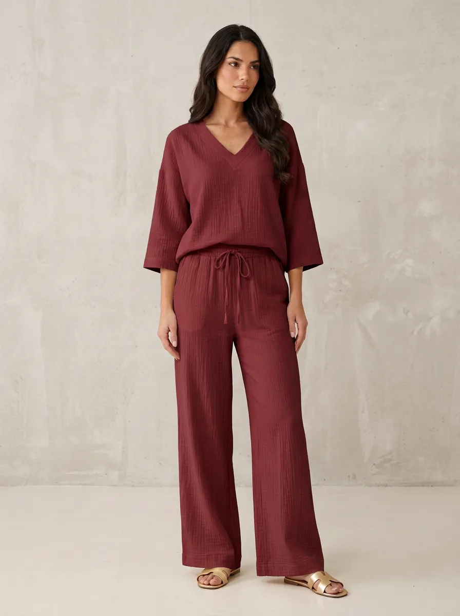 Women's Elbow-Sleeve V-Neck Top And Drawstring Wide-Leg Trouser Lounge Set