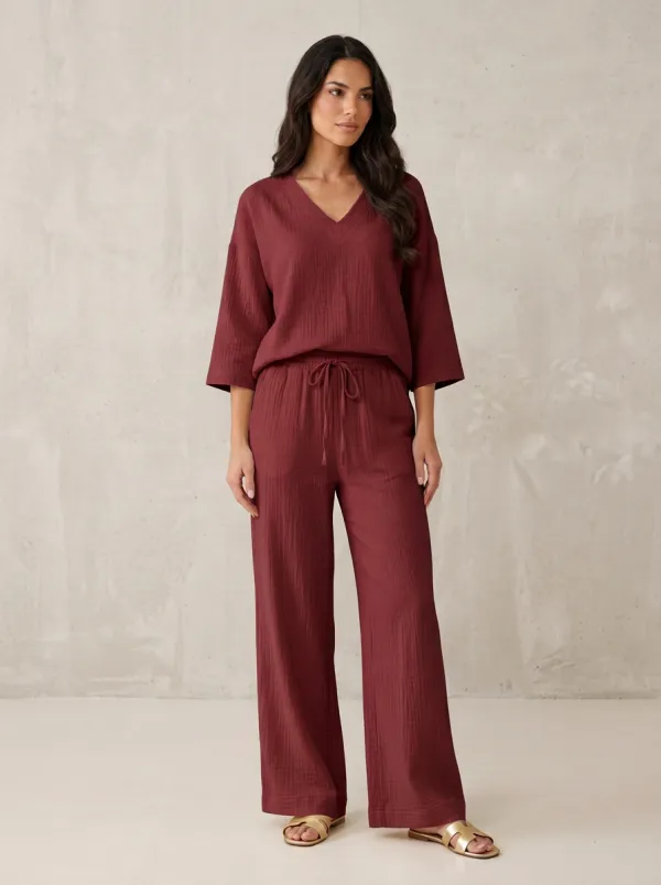 Women's Elbow-Sleeve V-Neck Top And Drawstring Wide-Leg Trouser Lounge Set
