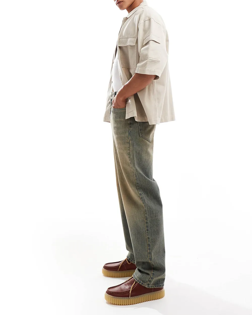 Baggy Jeans With Vintage Brown Tint In Mid Wash Blue