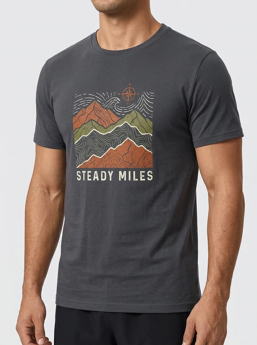 Men's Hiking Outdoor Lover Mountain Compass Printed T-shirt
