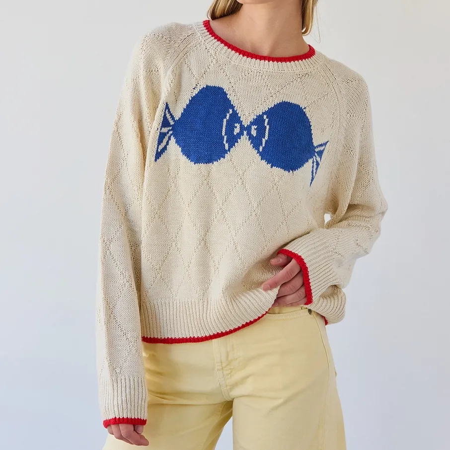 Diamond-Knit Fish Graphic Sweater