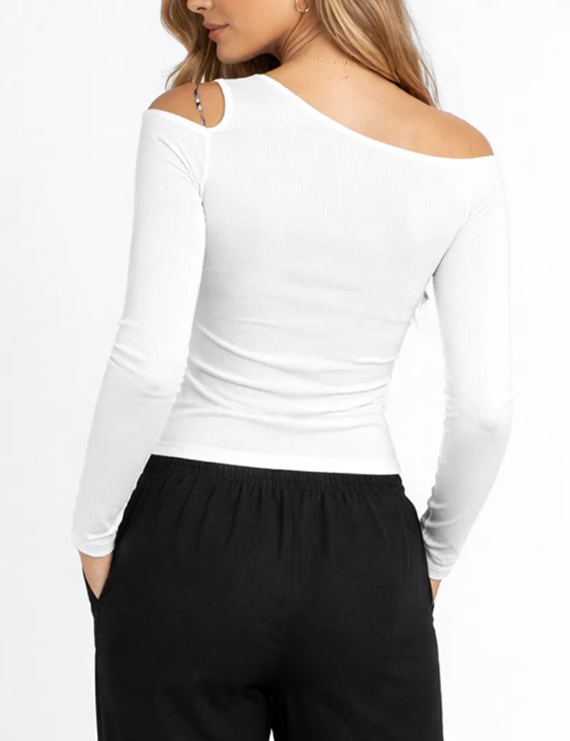 Chic One Shoulder Cut Out Solid Color Long Sleeves Top