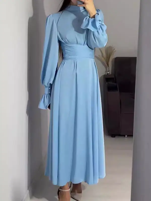 Sleeves Color Pleated Long Neck Maxi Dress