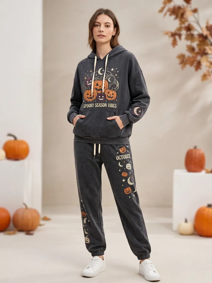 Women's Halloween Charcoal Spooky Season Pumpkin Moon Kangaroo-Pocket Hoodie Jogger Set