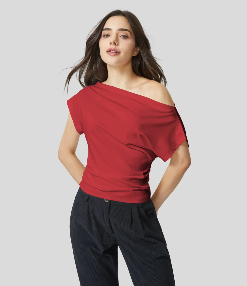 Off Shoulder Short Sleeve Ruched Casual Cotton Top